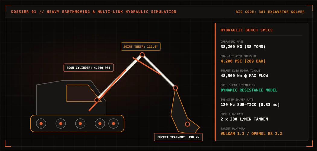 Heavy Earthmoving & Multi-Link Hydraulic Simulation - 3D CAD schematic